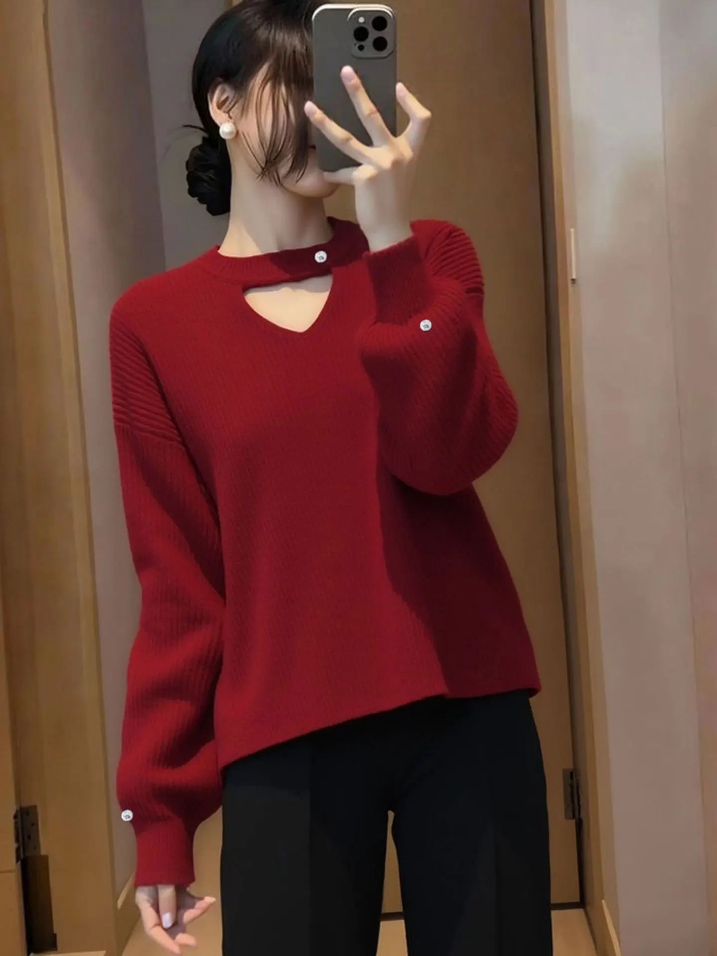 

Красный вязаный свитер Ele с длинными рукавами и вырезами, простой повседневный свободный крой, весенний, для работы, женский модный шерстяной свитер