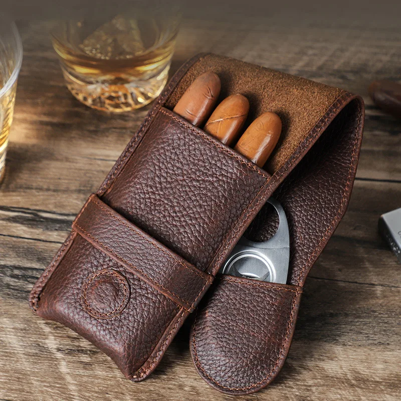 

Leather Cigar Case 3 Finger Cigar Pouch with Cedar Wood Lining Cigar Accessories