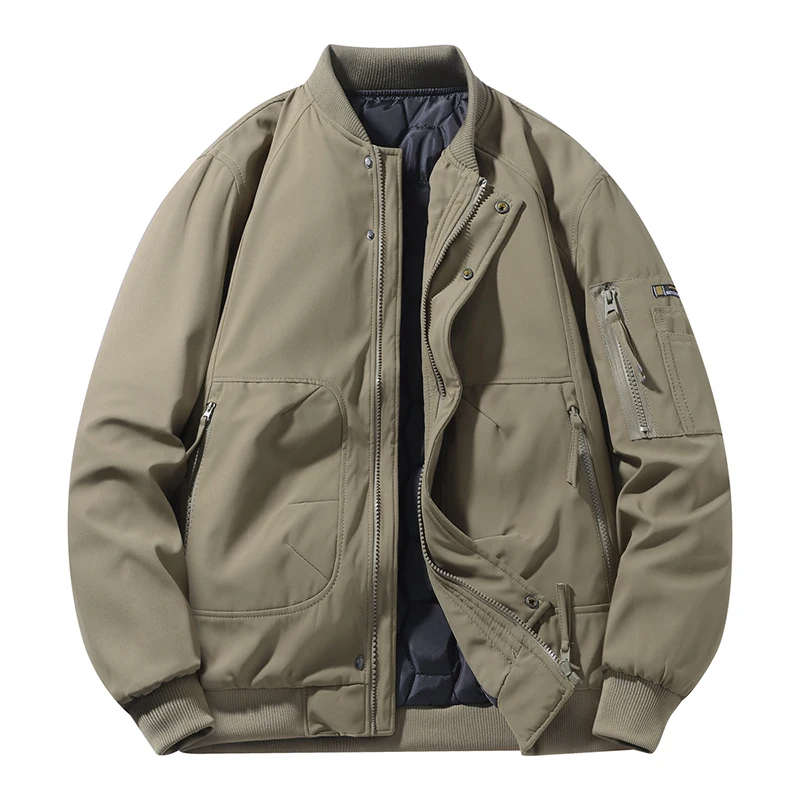 New Men Winter Thermal Bomber Coat Zip‑Front Ribbed Collar Multi‑Zipper Pockets Casual Jacket for Travel Hiking Daily Activities