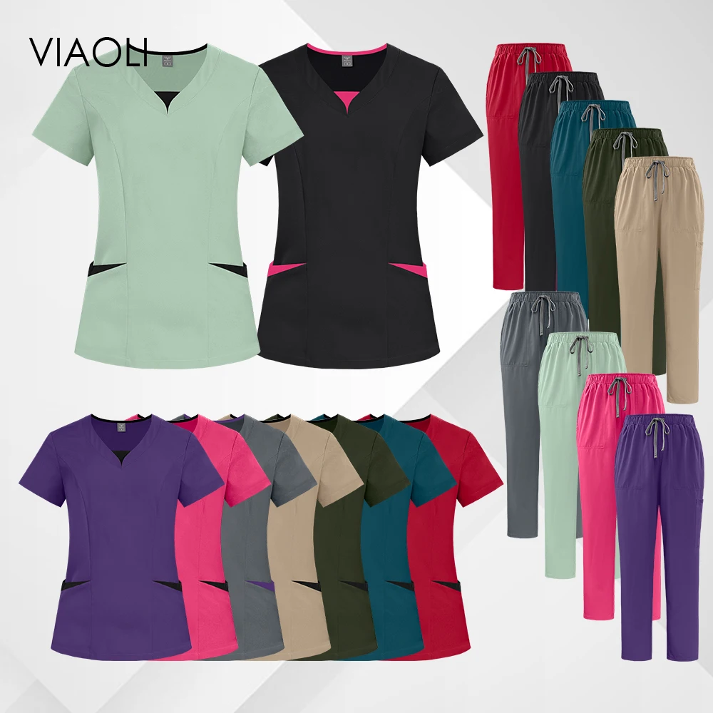 conjunto-de-uniforme-cirurgico-feminino-blusa-e-calca-com-gola-contrastante-elastico-e-respiravel-para-enfermeiras-e-profissionais-de-saude