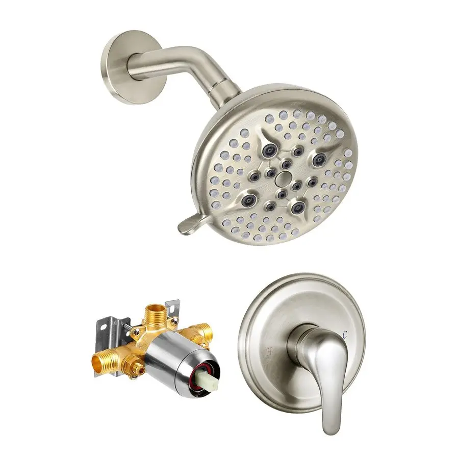 

Комплект для душа: 5-режимный душевой смеситель, душевая лейка 5 дюймов и ручной душ, набор из матового никеля с клапаном и душевой лейкой.