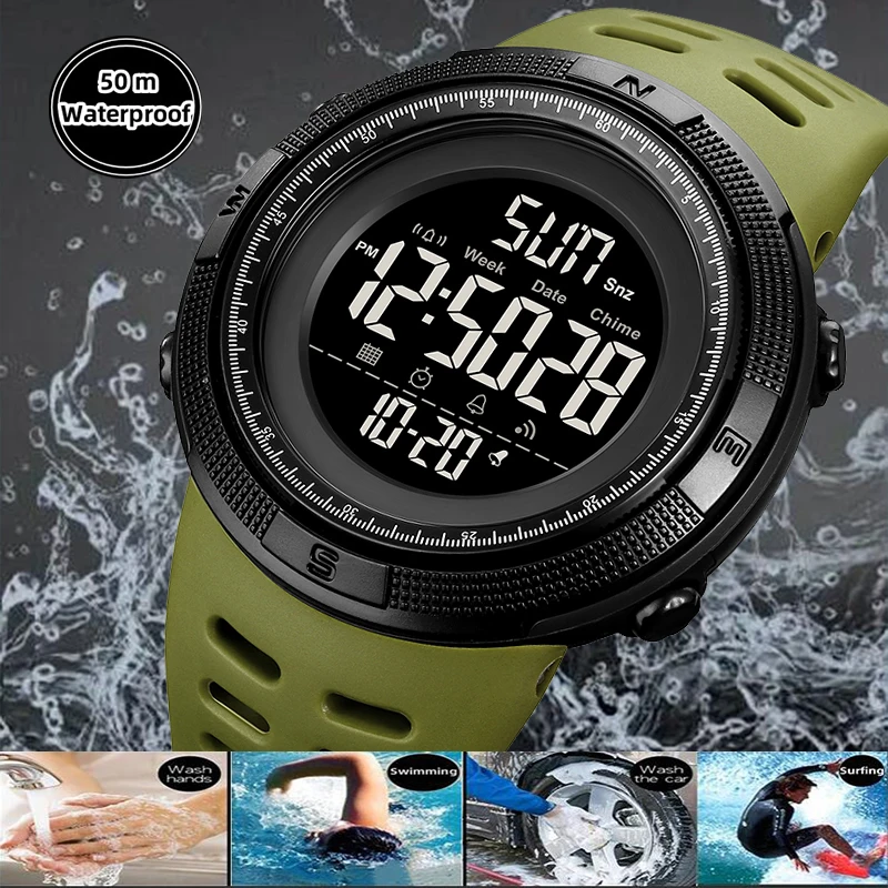 Skmei Dual Time Zone Mens Military Sports Watch 12/24 Hour Format Fashion TPU Band Big Size Dial Led Swimming Digital Wristwatch