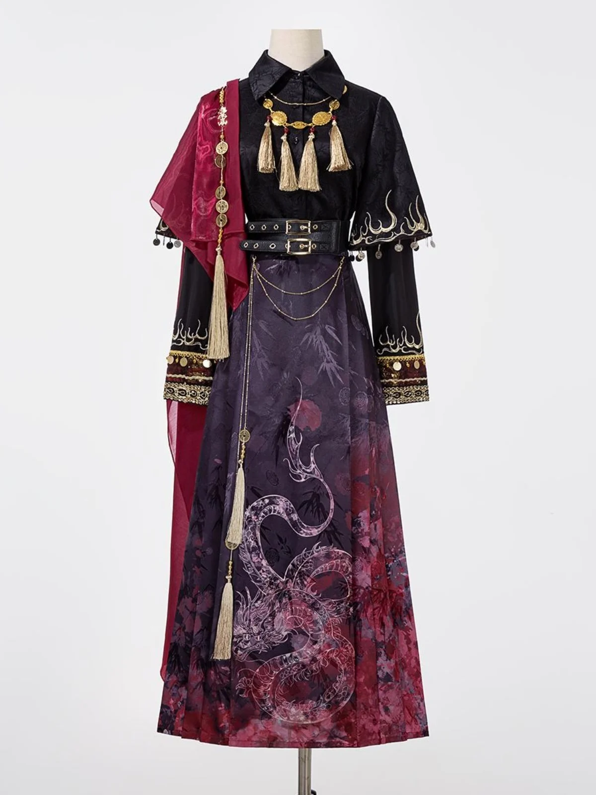 

Han Elements Dragon Tops Skirt Red And Black Hanfu Suit Halloween Cos Cosplay New Chinese Style National Style