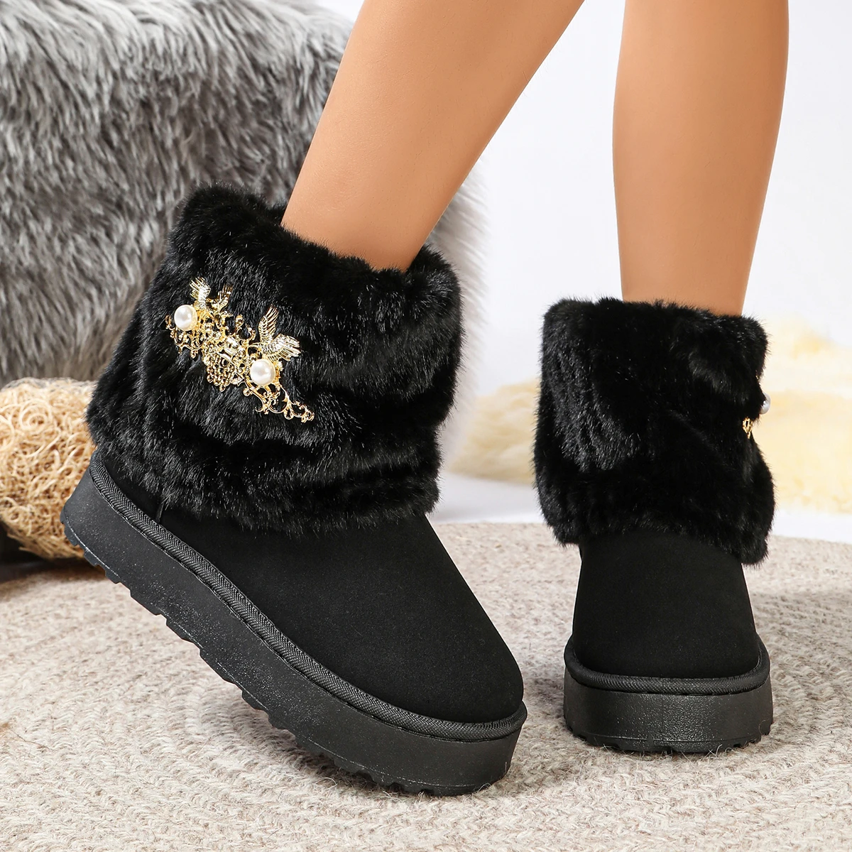 Women Ankle Boots Suede-Look Platform Flat Round Toe Plush Collar Slip-On Shoes Buckle Strap Detail Casual Winter Footwear Boots