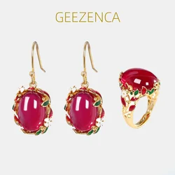 GEEZENCA S925 Silver Gold Plated Enamel Red Corundum Jewelry Sets Earrings Ring For Women Vintage Trendy Cloisonne Fine Jewelry