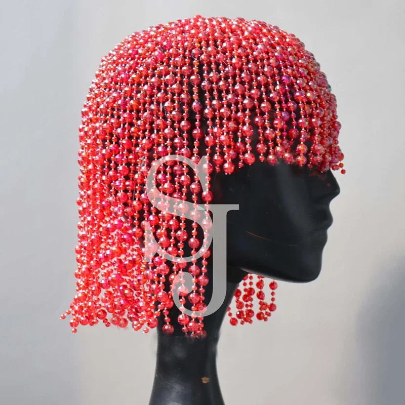 女性グリーン帽子タッセルビーズチェーンウィッグコスプレステージパフォーマンスアクセサリーフェスティバル衣装ドラッグクイーン衣装 XS6230