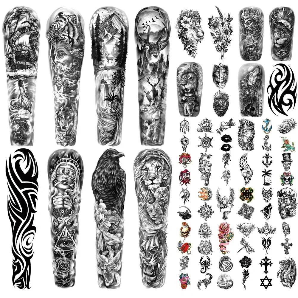 

46 full-arm temporary tattoos with lions, temporary tattoo sleeves for men, imitation tattoos for adults