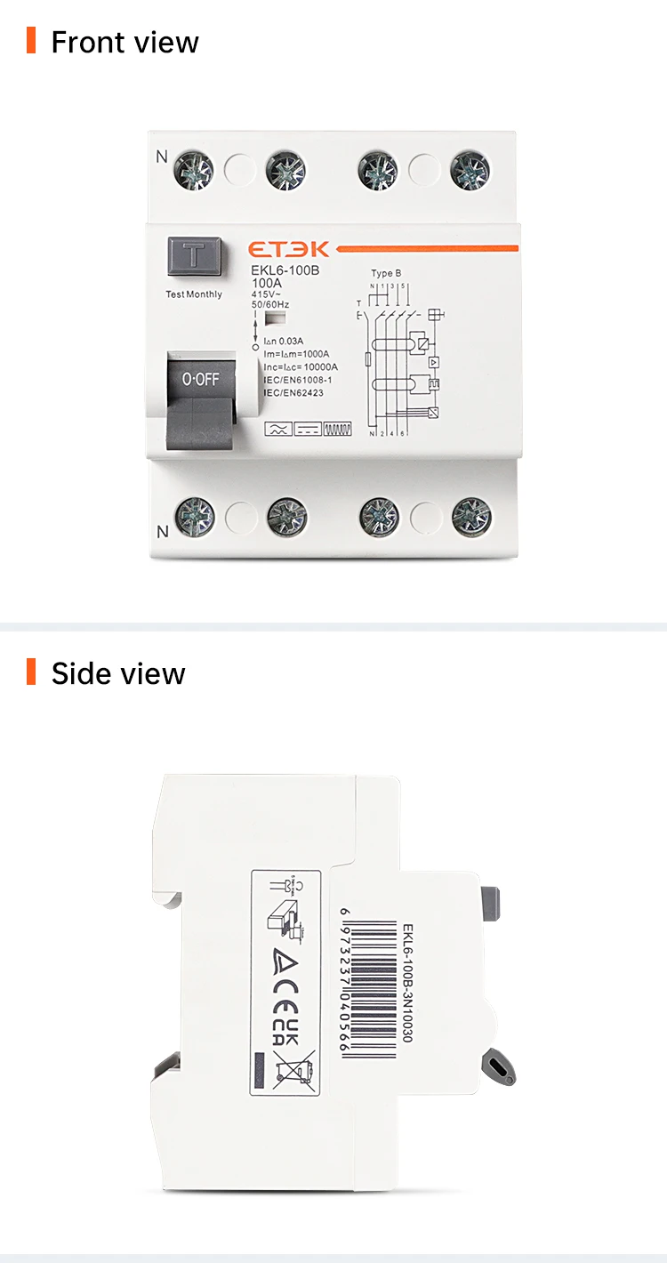 ETEK RCD RCCB Typ B Fehlerstrom-Schutzschalter für Erdung, EVSE 2P 4P 40A 63A 100A 30mA 300mA EKL6-100B DIN-Schiene 220V – Detail 14