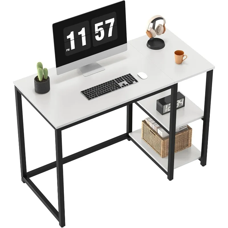 

Computer Desk 40 inches with 2-Tier Shelves Sturdy Home Office Desk with Large Storage Space Writing Laptop Table, White Desk