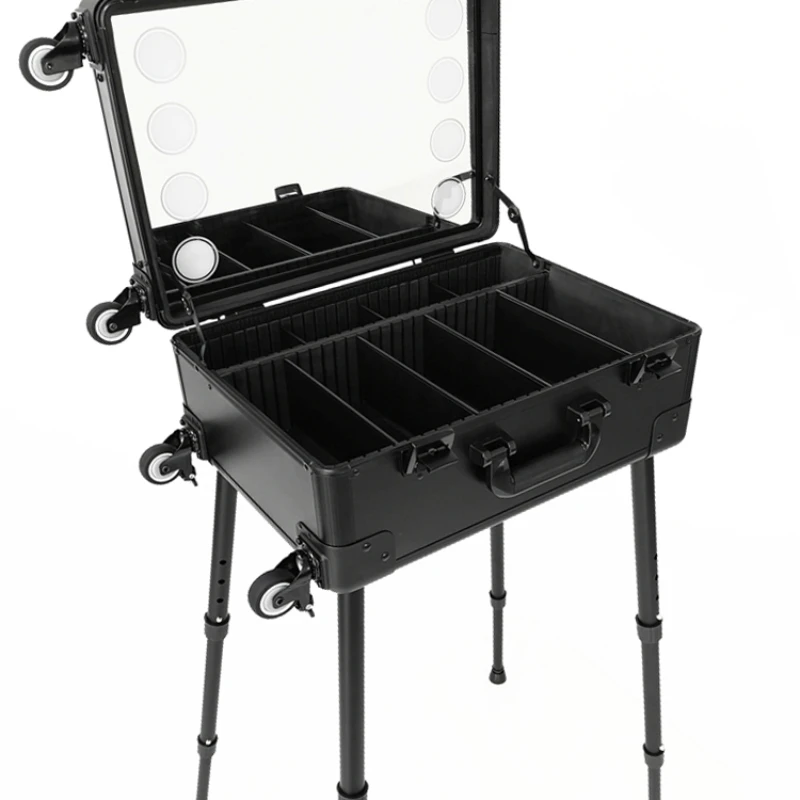 Makeup case professional and large capacity with light and mirror, 20 inch aluminum alloy with bracket and trolley box