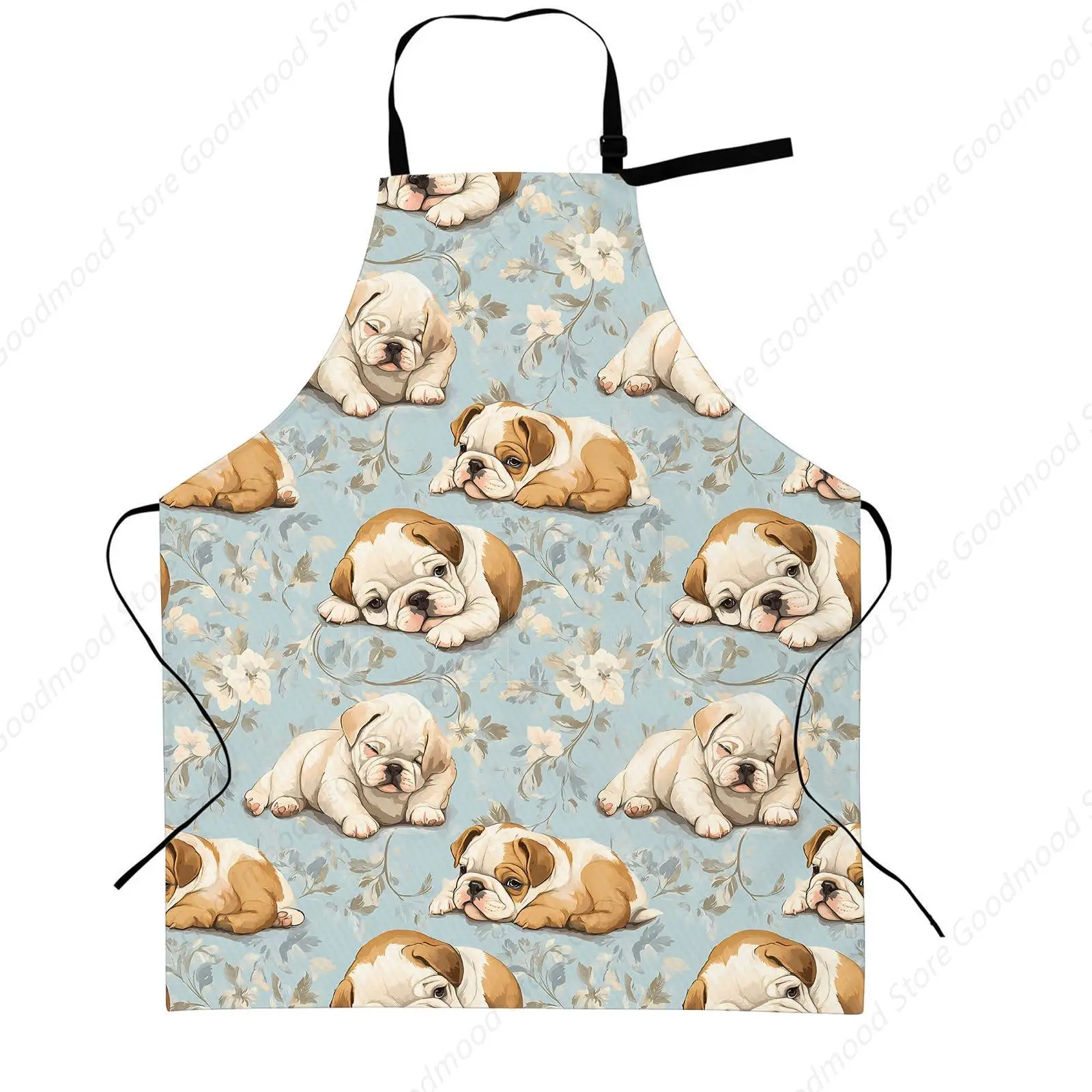 

English Bulldog Apron with Adjustable Neck Strap,Cute Dog and Blue Floral Kitchen Aprons with 2 Pockets