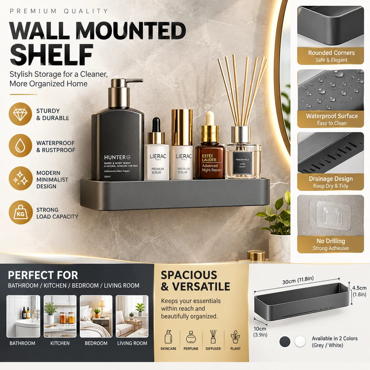 Gunmetal Gray No Drill Bathroom Wall Shelf For Above Washing Machine Heavy Duty Waterproof Rustproof Restroom Storage Rack
