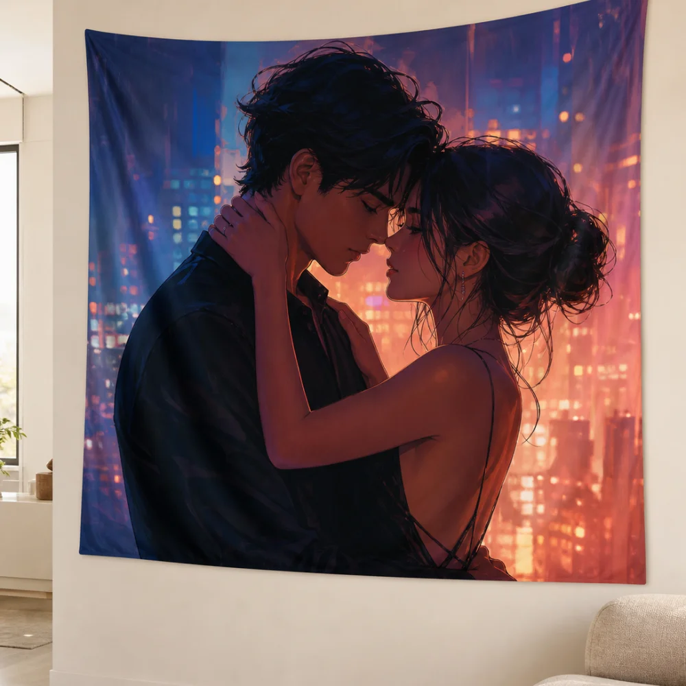 Purple Blue Neon Urban Night Tall Buildings Embrace Couple Tapestry 150X100CM Couple Bedroom Atmosphere Wall Background Cloth