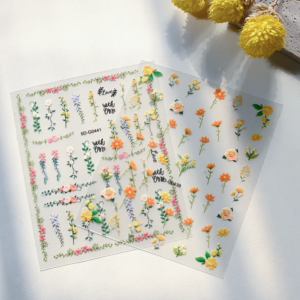 1 pçs 5d flores silvestres roxo margarida lótus adesivos de unhas alívio amarelo rosa flor videira rosa decalque do prego 8*10cm flores rurais slider