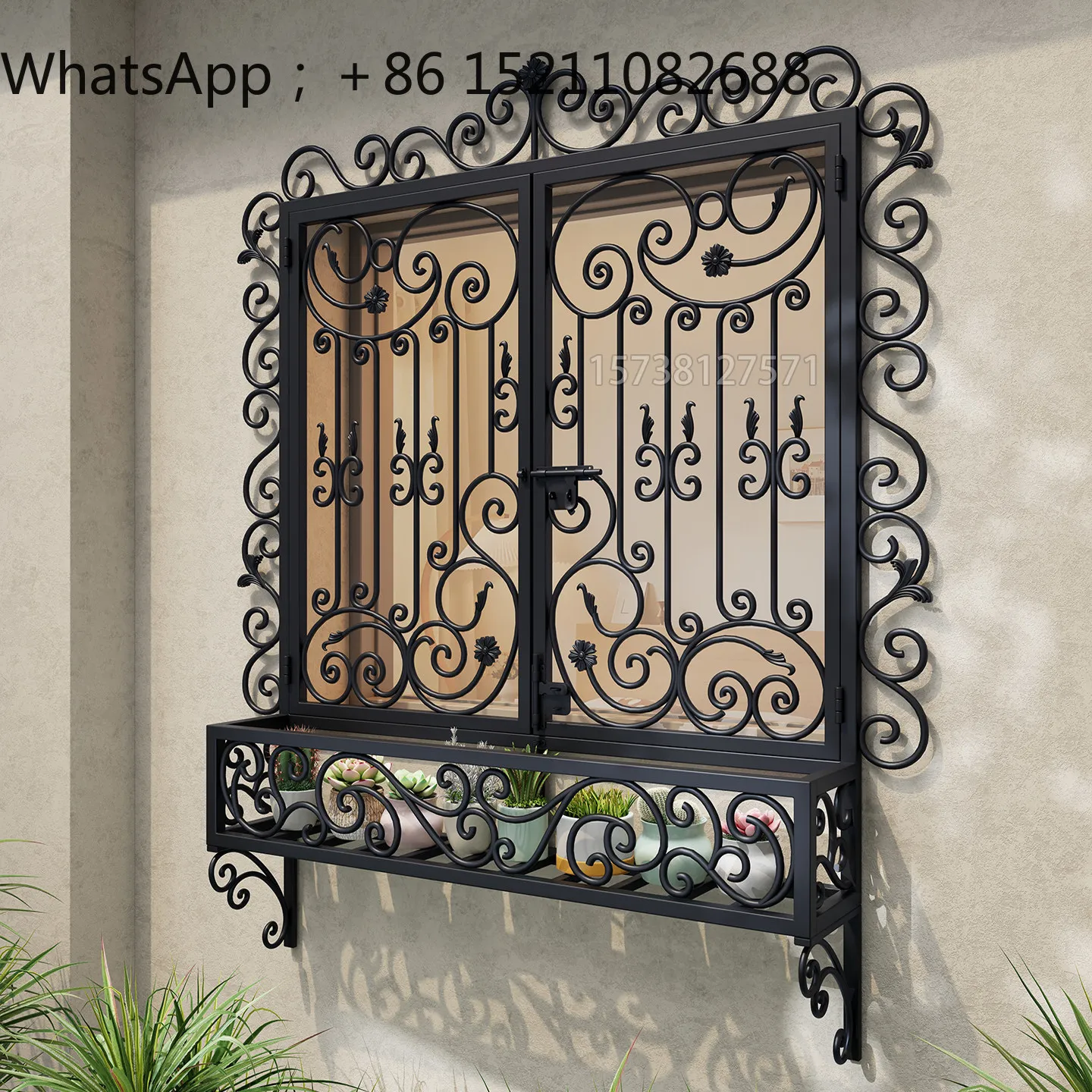 LLY wrought iron anti-theft window villa decorative window grilles with rack flower pot integrated window guardrail