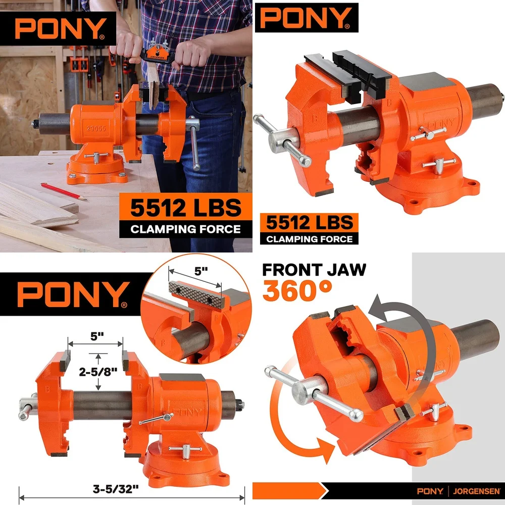 

Наборы ручных инструментов, 5-дюймовые сверхмощные настольные тиски, поворотное основание на 360 градусов, зажимная сила 5512 фунтов