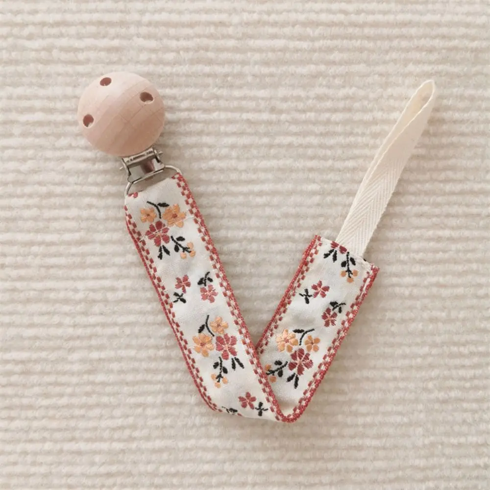 

Ethnic Style Baby Cloth Pacifier Chain Embroidery Floral Wood Soother Holder Adjustable Teether Toys Straps Nipple Holder Clips