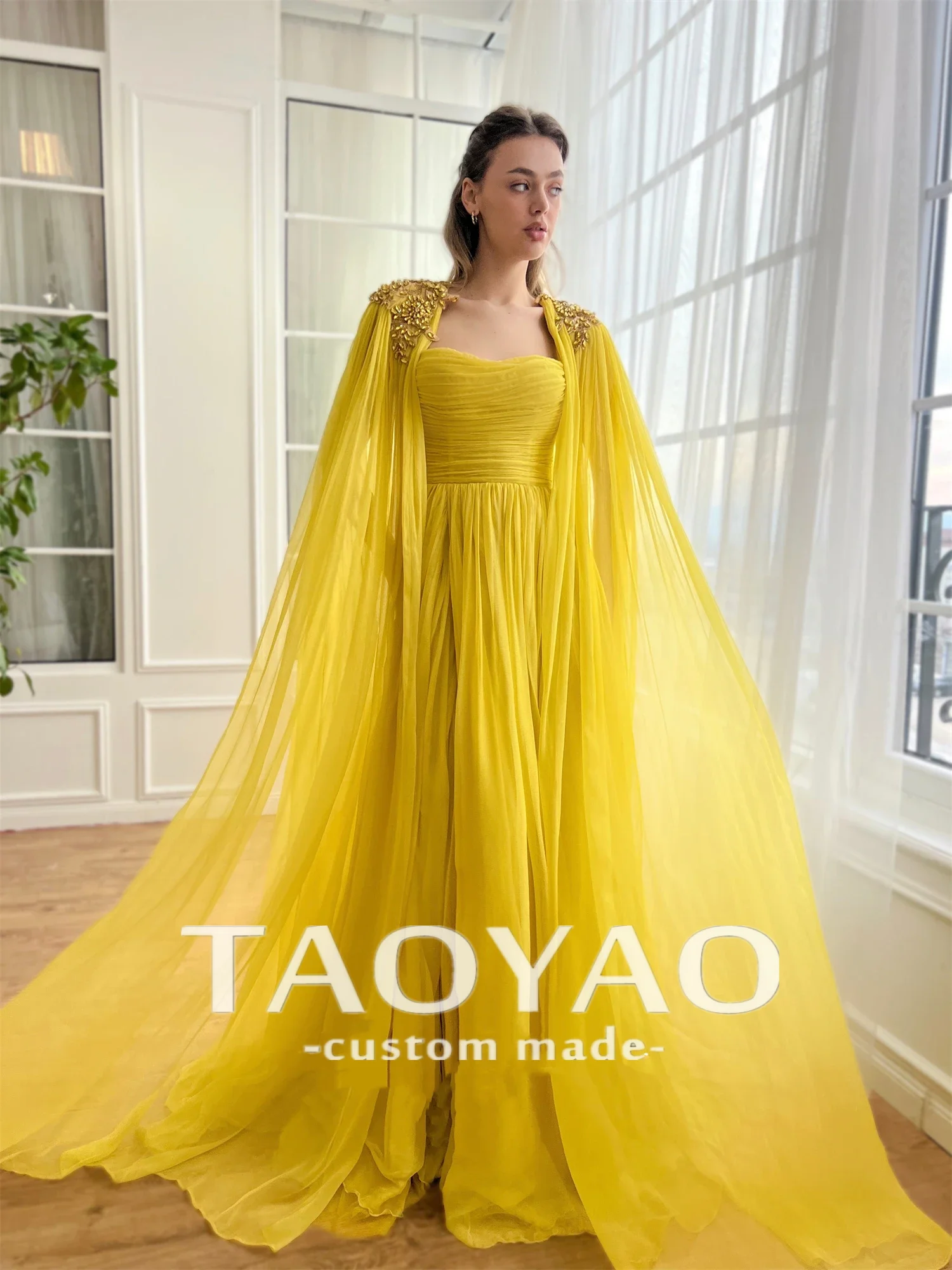 Yellow Chiffon Shawl Ball Gown Line A Graduation Glitter Decoration Wedding Party Dresses Gala Dress 2024 Robe De Soiree Femmes