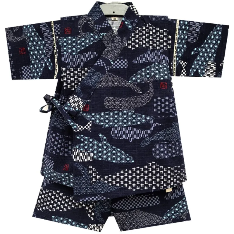 2025 Japanese Kids Yukata Boy Kimono Pyjama Children's Cotton Breathable Short Sleeve Shorts 2 Pieces Kids Sleepwear Suit LI131