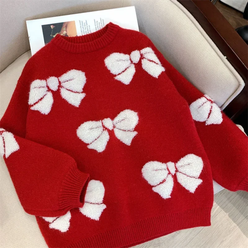 Girls Sweater Fashion Children\'s Clothing Plush Knitted Winter Wear New Girls Red Christmas Thickened Sweater Kids 8 10 14 Years