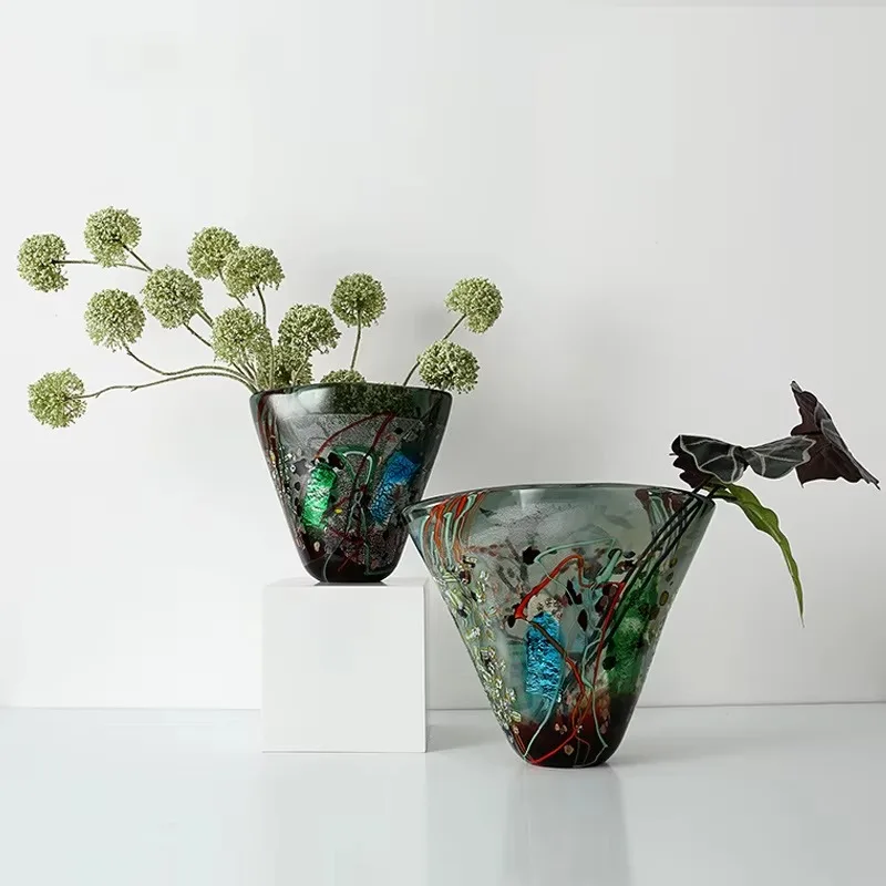 Modern color home decoration hand-blown large diameter transparent glass vase