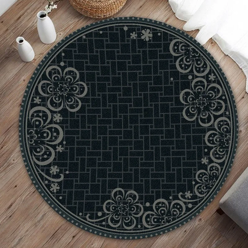 Round Rug - Retro Damask & Scroll Design, Gold Accent Floor Mat for Living Room, Bedroom, Home Decor