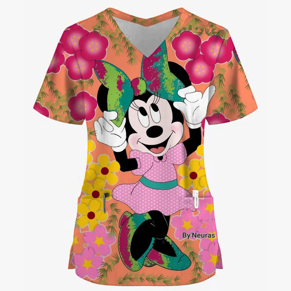 Miniso Women Nursing Clothing Disney Minnie Mickey Print Nursing Scrubs T-Shirt Tops Casual Short Sleeve V-neck Pocket Uniform