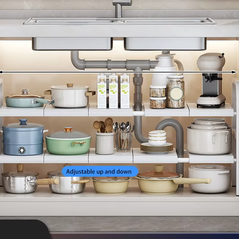 

1 Stretchable Countertop Storage Rack Suitable for Bathroom and Kitchen, Kitchen Pot Rack, Bathroom, Washbasin, Cabinet Layered