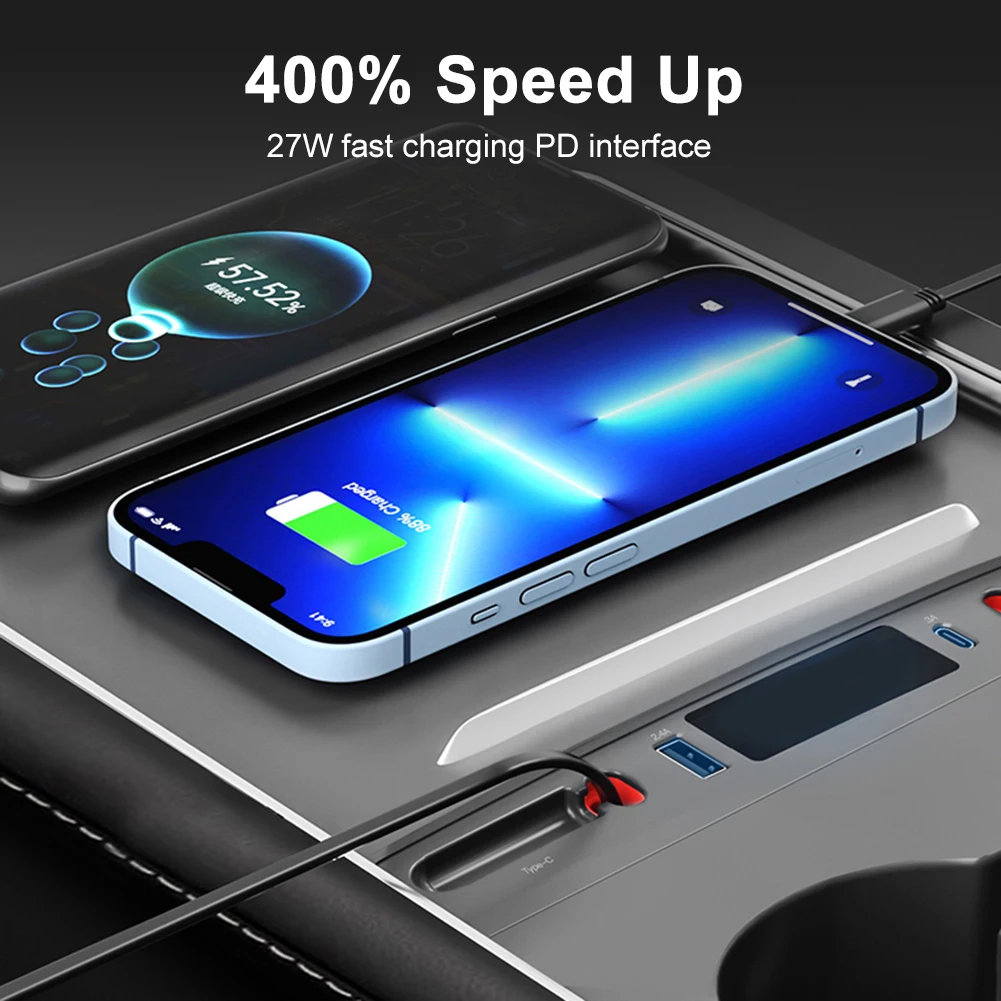 

Для Tesla Model 3 Y 2023 27 Вт Быстрое зарядное устройство USB-шунтирующий концентратор Интеллектуальная док-станция Автомобильный адаптер Расширение с питанием от разветвителя