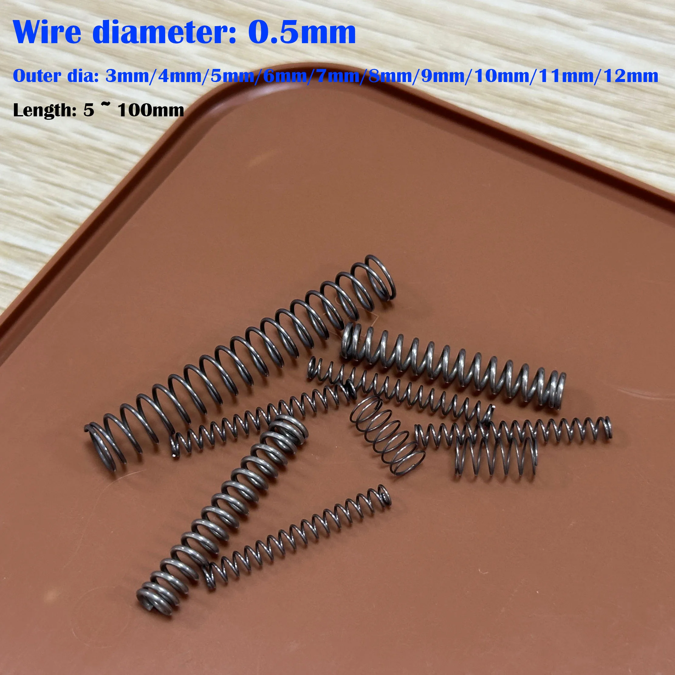 10Pcs 0.5mm Spring Steel Micro Small Compression Spring, OD:3/4/5/6/7/8/9/10/11/12mm, Free Length: 5mm-100mm - Customizable