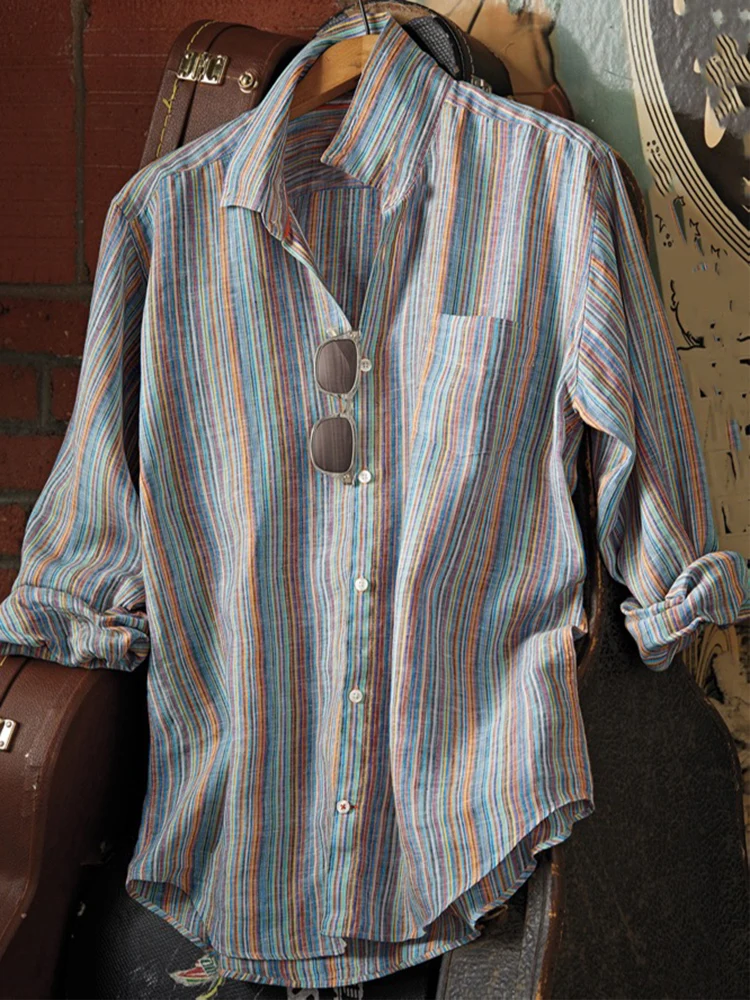 Spring Men's Long Sleeve Casual Style Polyester Material 2025 New Fashion Collar Single breasted Colorful Striped Shirt