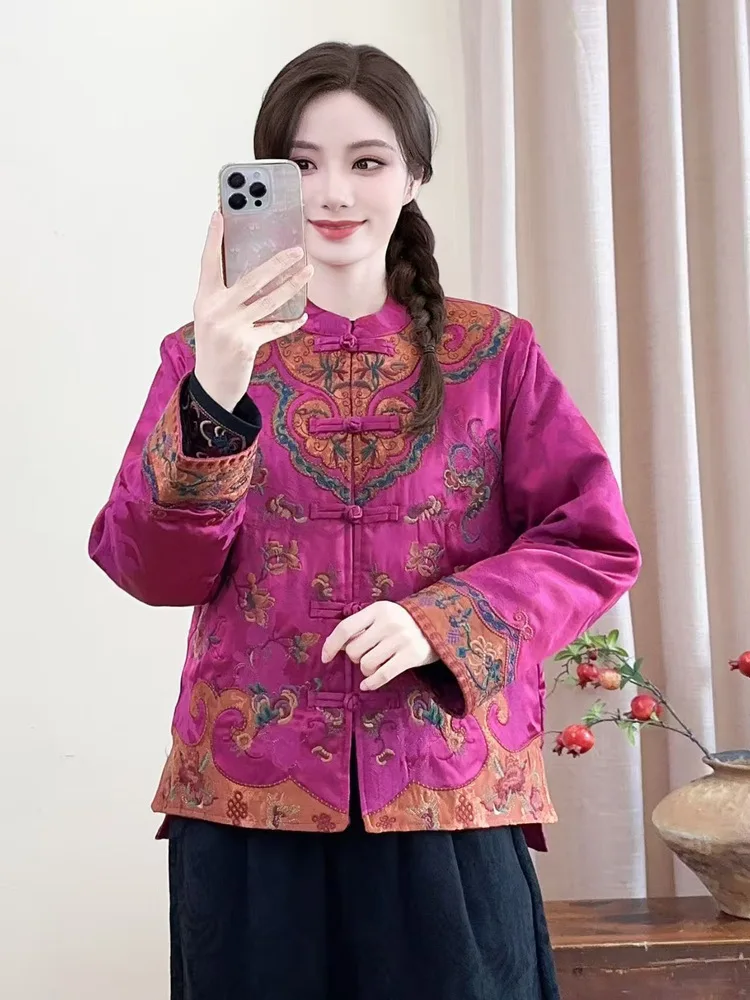 

Heavy Embroidery Cotton Jaet Women's Retro Button Cardigan Satin Casual Winter Clothes Long Sve Stand Collar Single Button