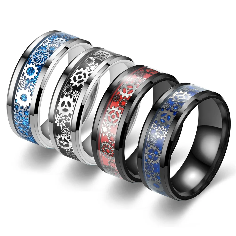 Mens Steampunk Gear Wheel Stainless Steel Ring Mechanical Gear Wheel Light Blue Carbon Fiber Ring Gothic Mens Wedding Band