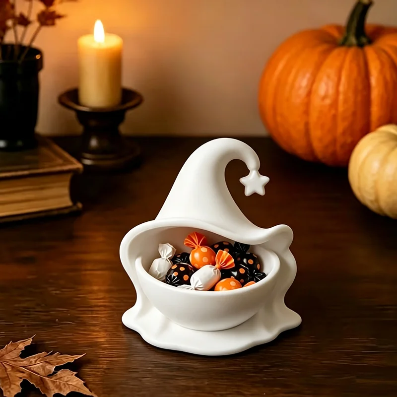 3D Printed Wizard Hat Storage Bowl Figurine Creative Witch Hat Candy Trinket Dish Desktop Tabletop Ornament Home Halloween Decor