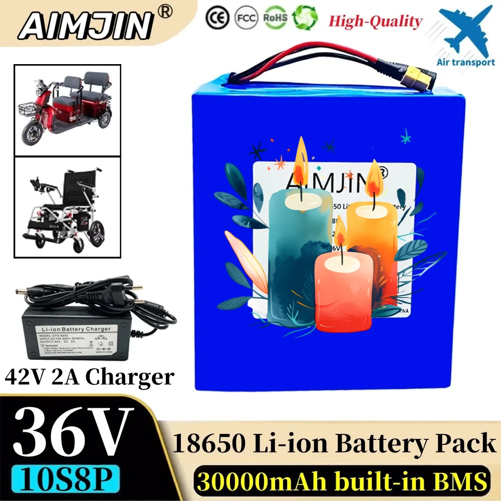 2025 36V 30Ah 18650 1500W high-power built-in BMS,10S8P A-class lithium battery pack, suitable for various energy storage backup