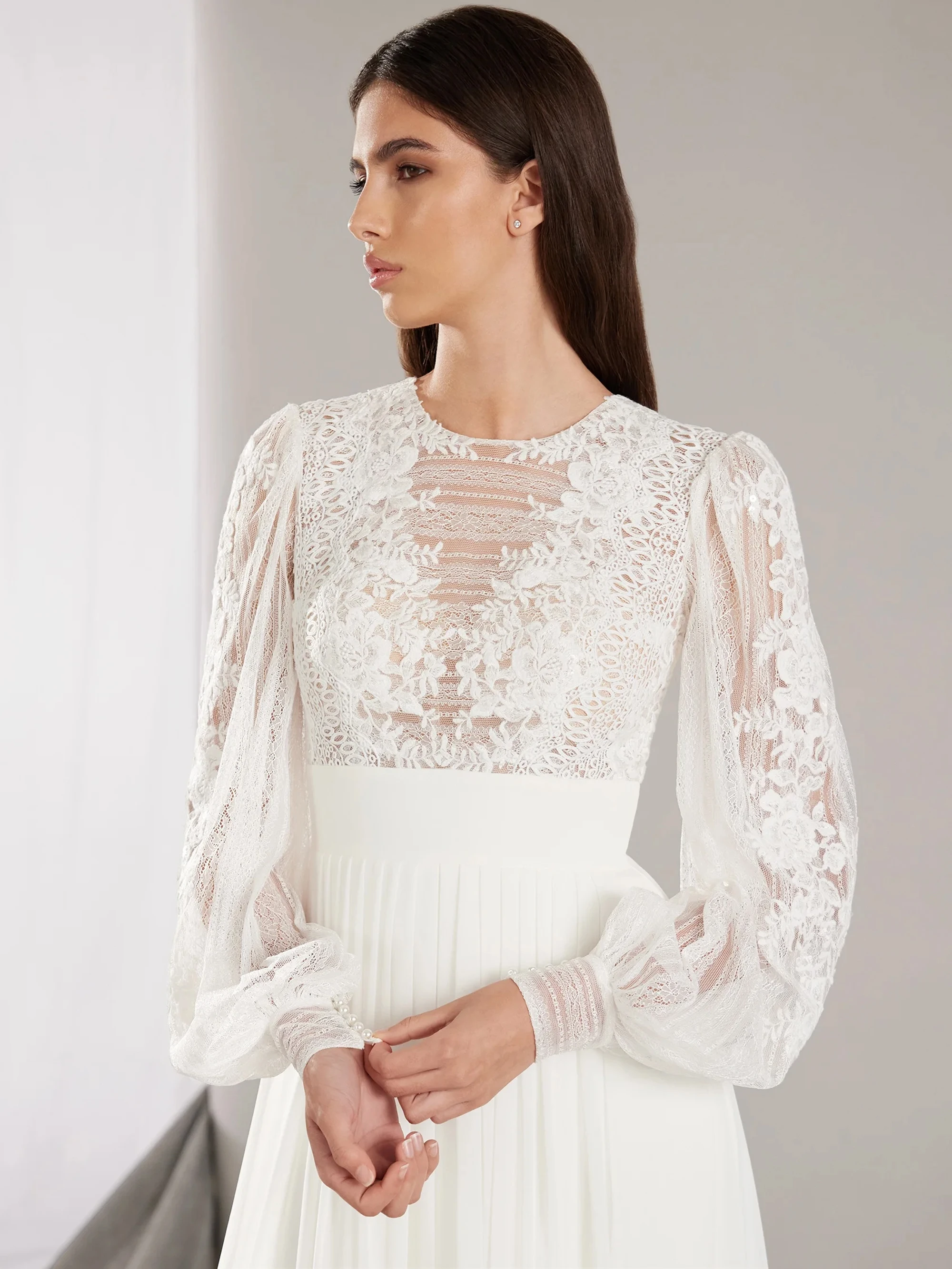 A-lijn O-hals Chiffon Trouwjurken Voor Vrouw Lange Mouwen Knop Sexy Applicaties Bruidsjurk Vestidos De Novia 2025, Aangepast A-lijn O-hals Chiffon trouwjurken voor vrouw lange mouwen knop sexy applicaties bruidsjurk Ve