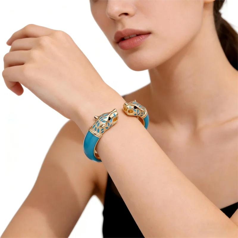 

Trendy Double Leopard Head Enamel Cuff Bracelet Gold Plated Vintage Statement Bangle Boho Fashion Jewelry Gift for Women Girls
