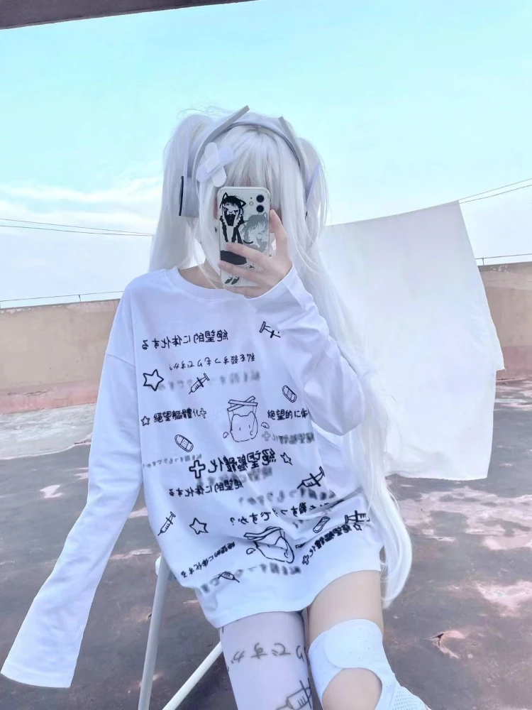 

QWEEK Japanese Harajuku Kawaii T Shirt Women Cute Cartoon Print White Graffit Tees Grunge Korean Fashion Kpop Top 2024 Autumn