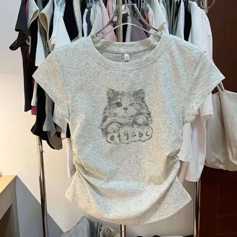 Japanese Summer Sweet Cat Print T-shirt Short Sleeve Slim Pleated Y2k Crop Tops Harajuku Cute Tees Streetwear Kawaii Clothes New