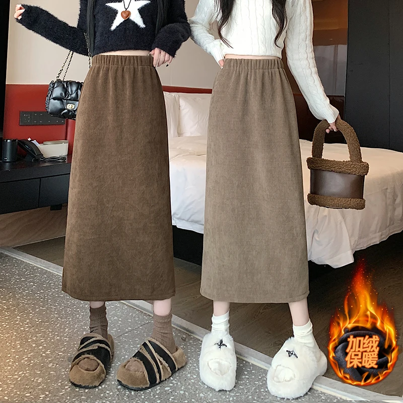 

2023 Autumn/Winter High Waist Slimming Elastic Waist Plush Thickened Corduroy Mid length Split A-line Skirt Mid length Skirt