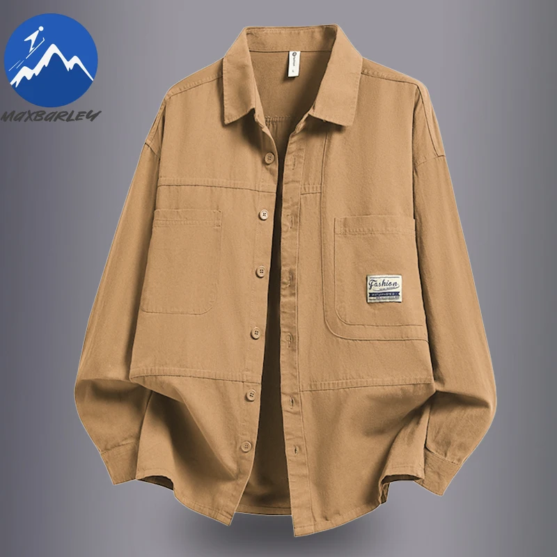 

Maxbarley новые мужские рубашки, повседневные уличные однотонные топы с длинными рукавами и несколькими карманами, весна-осень 2026, рубашка-карго с отложным воротником