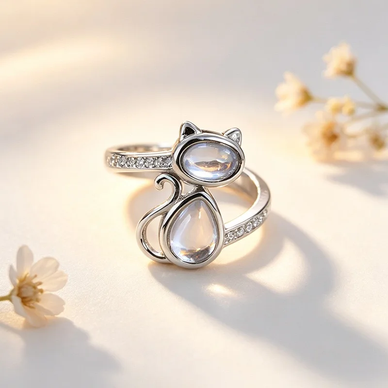 BF CLUB 925 Sterling Rings for Women Simple Geometric Handmade Irregular Retro Cat Moonstone Ring Allergy For Birthday Gift