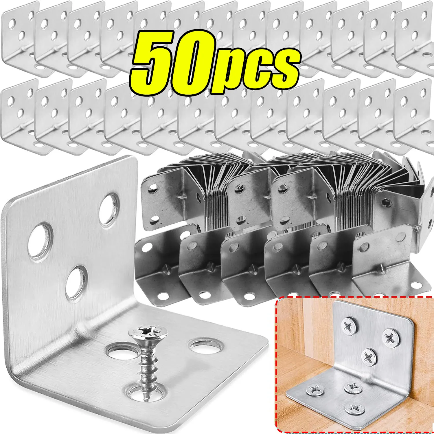 50/10PCS Universal Stainless Steel Corner Bracket 90 Degree Right Angle Fixed Bracket Wood Furniture Bedframe Cabinet Accessorie