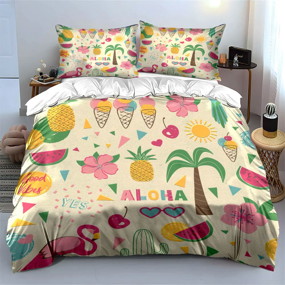 Tropical Aloha Flamingo Pineapple Watermelon Bedding Set 3pcs, Summer Cute Fruit Palm Tree Print Duvet Cover Bed Linen