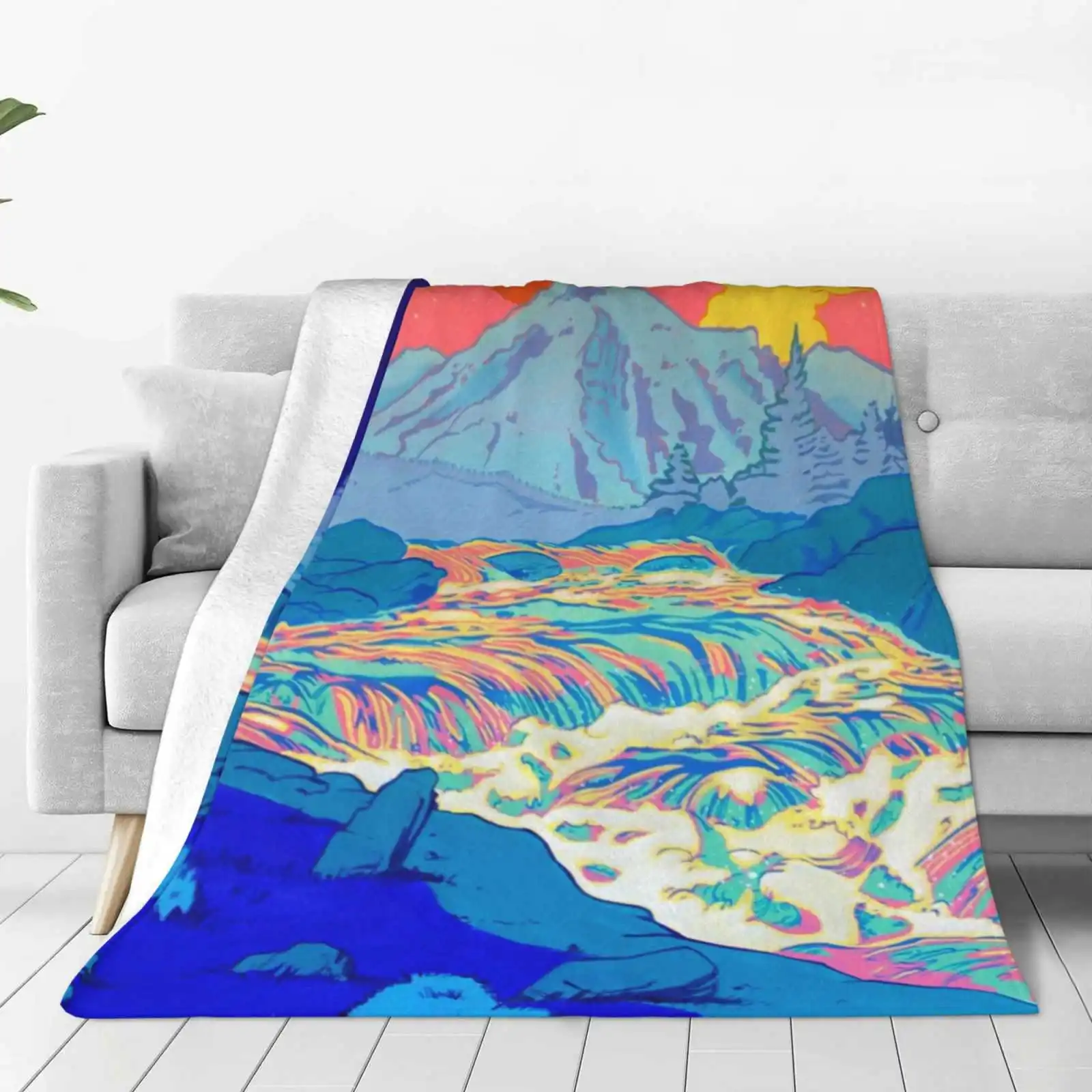 River New Selling Custom Print Flannel Soft Blanket Pop Art Comic Color Pop Culture Landscape River Rushing Pink Blue Yellow