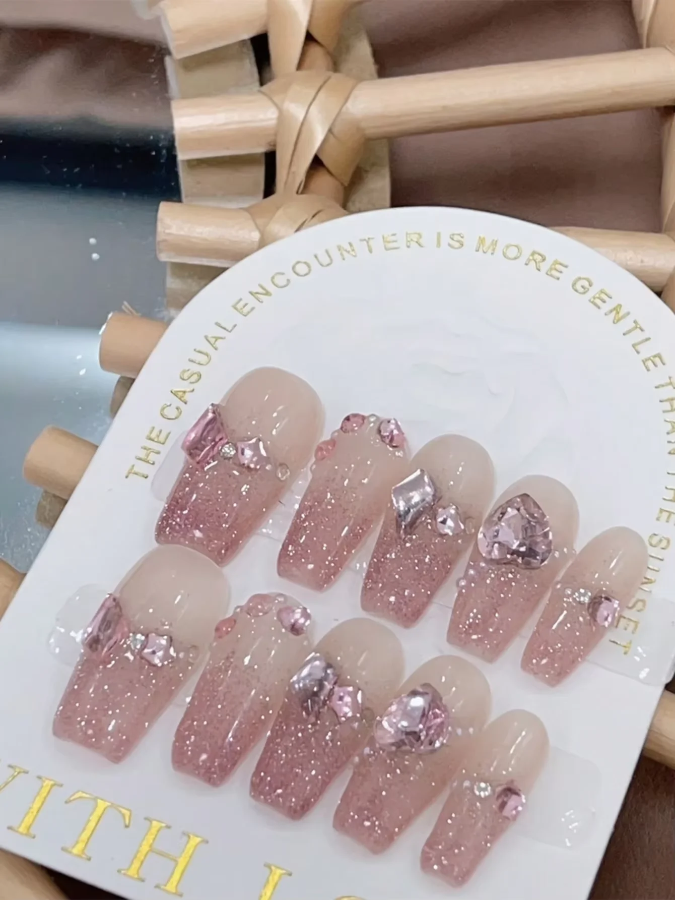 10 Stück Sommer glänzende Liebe glänzende Farbverlauf handgemachte falsche Nägel, Blase Rose falsche Nägel, Frauen/Mädchen Festival Geschenke