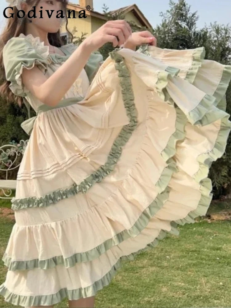 

Light Green Elegant Sweet Lolita Pastoral Short Sleeve Dress Girl Cute Square Neck Bow Ruffles A-line High Waist Knee Dresses