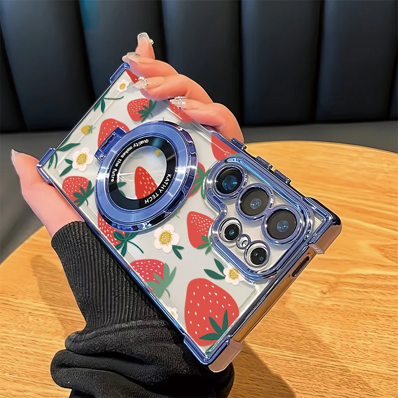 Phone Case For Samsung Galaxy A54 A23 4G A13 A24 A14 A34 A73 A53 A33 5G Strawberry Lemon Print Plating Holder Stand Cover