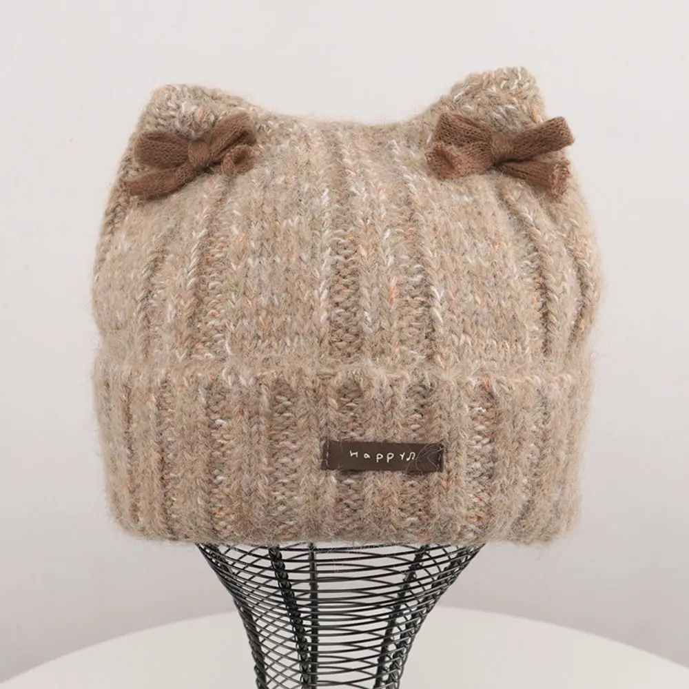 Polyester Cat Ear Knitted Beanie Cuffed Design Melange Yarn Double Lace Bows Beanie 56cm to 60cm Large Head Circumference