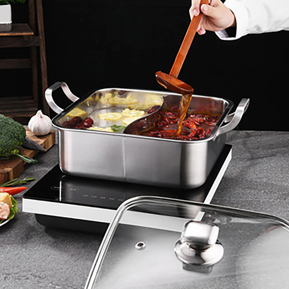 

Stainless Steel Double Flavor Hot Pot Thickened Divided Soup Cooker Family Portable Kitchen Induction Hotpot Pan with Lid